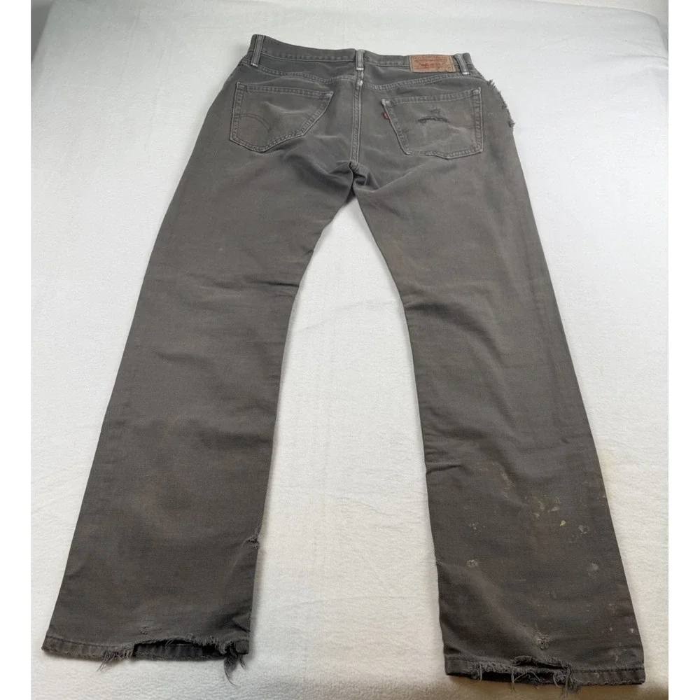Levi's 505 Straight Fit Trashed Olive Gray Denim Jeans Size 32x32 Rips Stains
